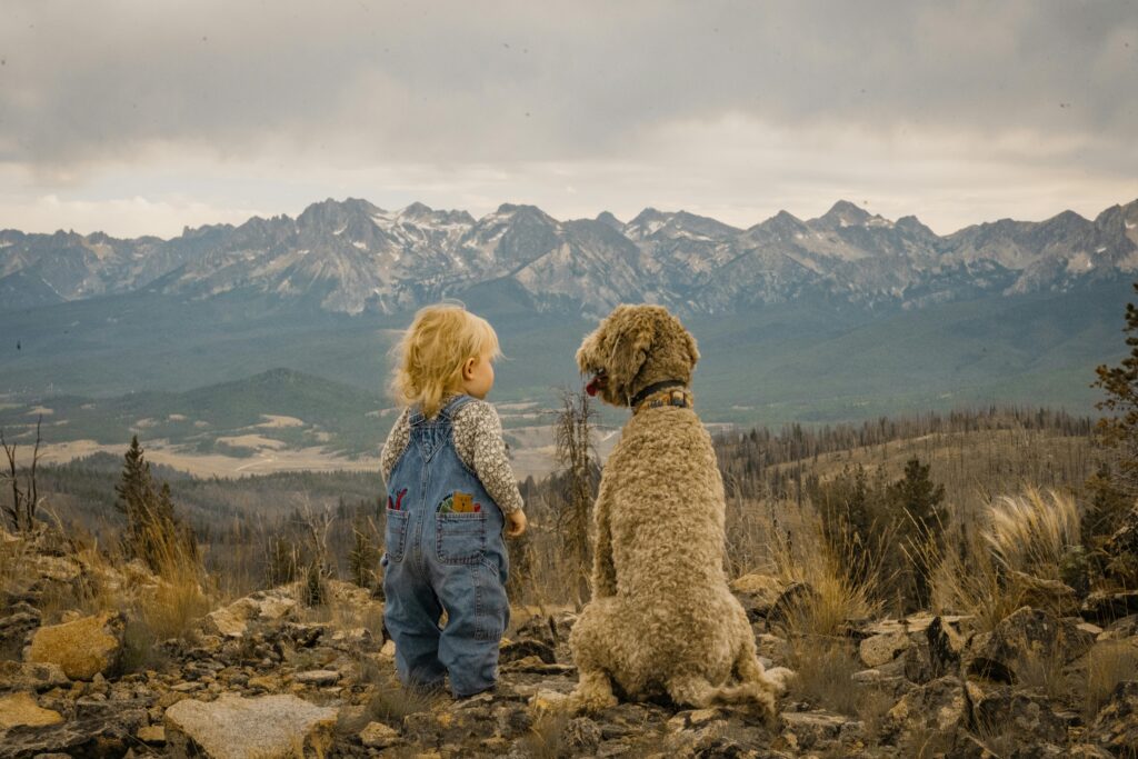 A child and dog sit together facing a vast mountain range, enjoying a serene moment.